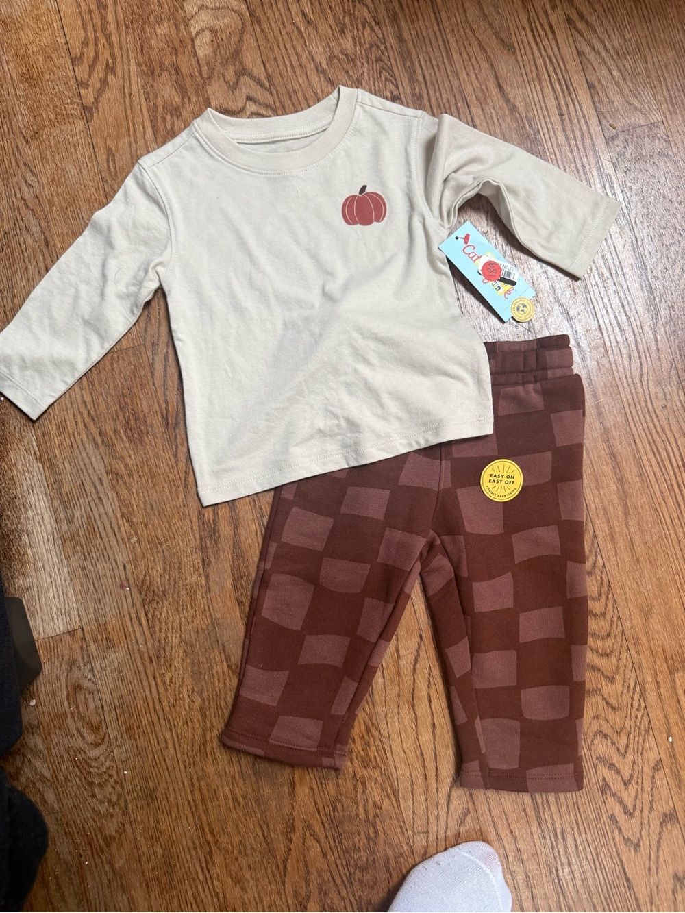 Cat & Jack Cream Top with Brown Checker Pants Kids Matching Set
